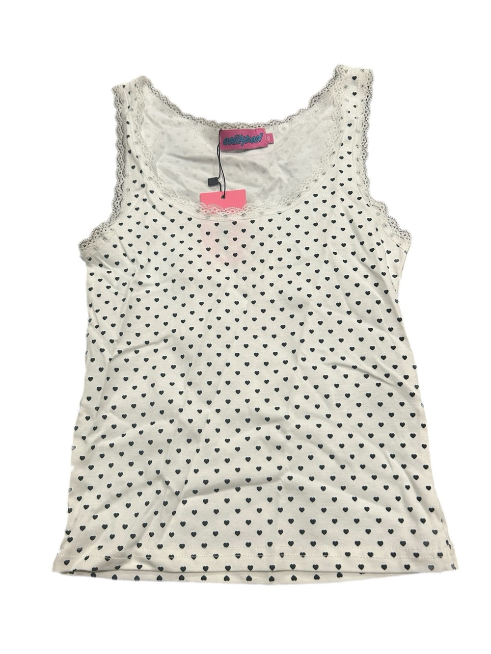 NWT Edikted White Tank Top with Black Heart Print and Lace Trim (Junior xs)